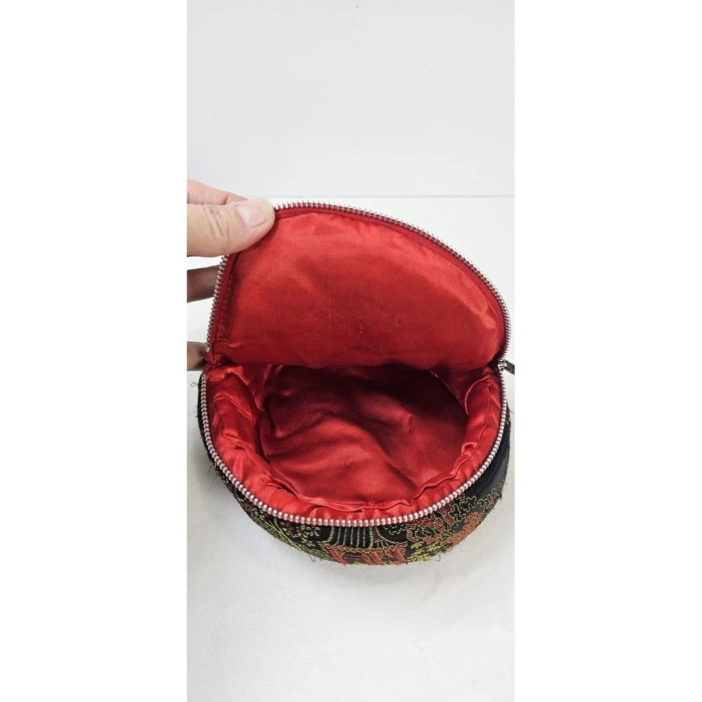 1950s Chinese Asian Black Brocade Round Jewelry/ Cosmetic Bag + Small‎ Pouch